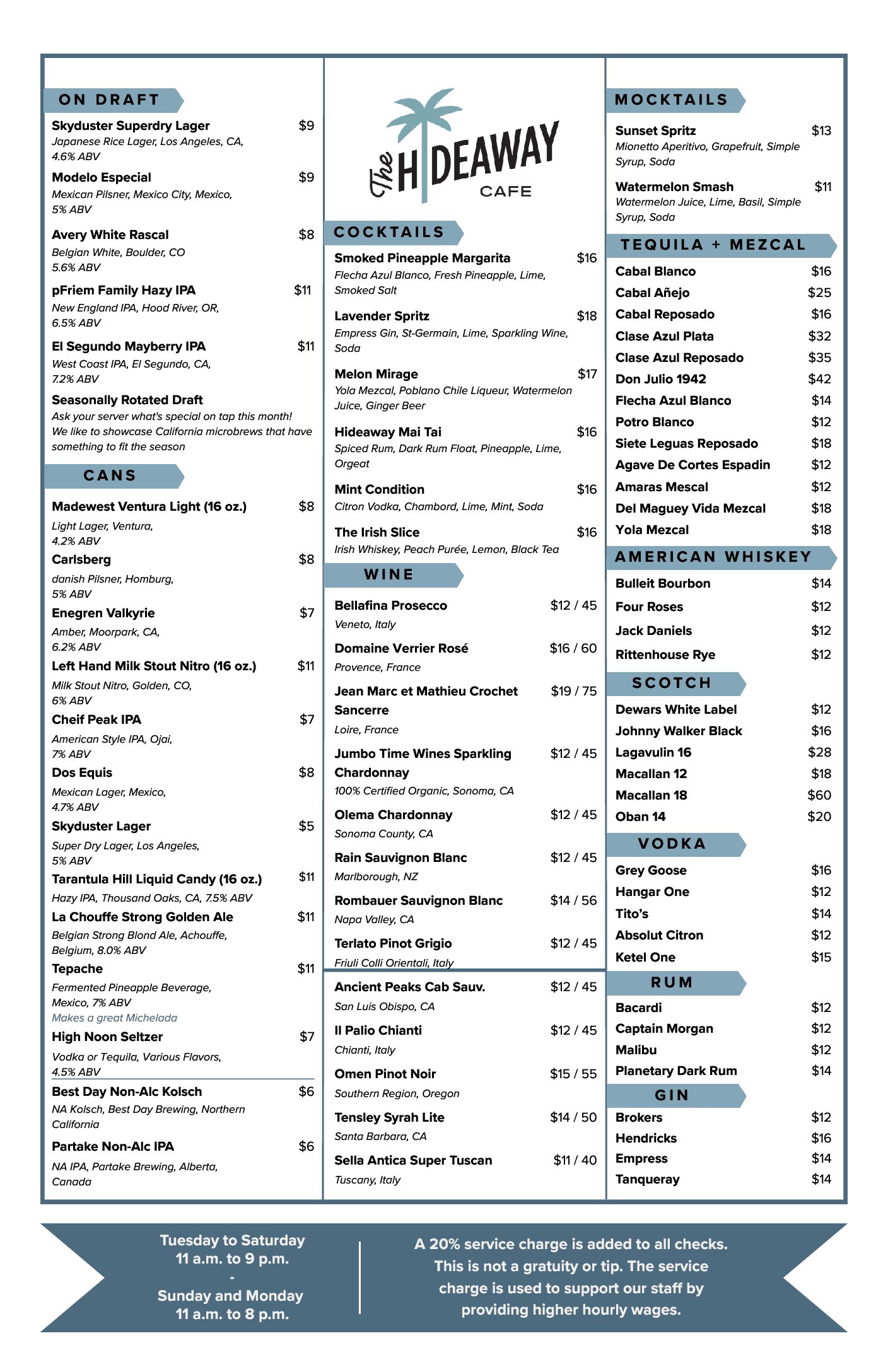 2025 Hideaway Bar Menu