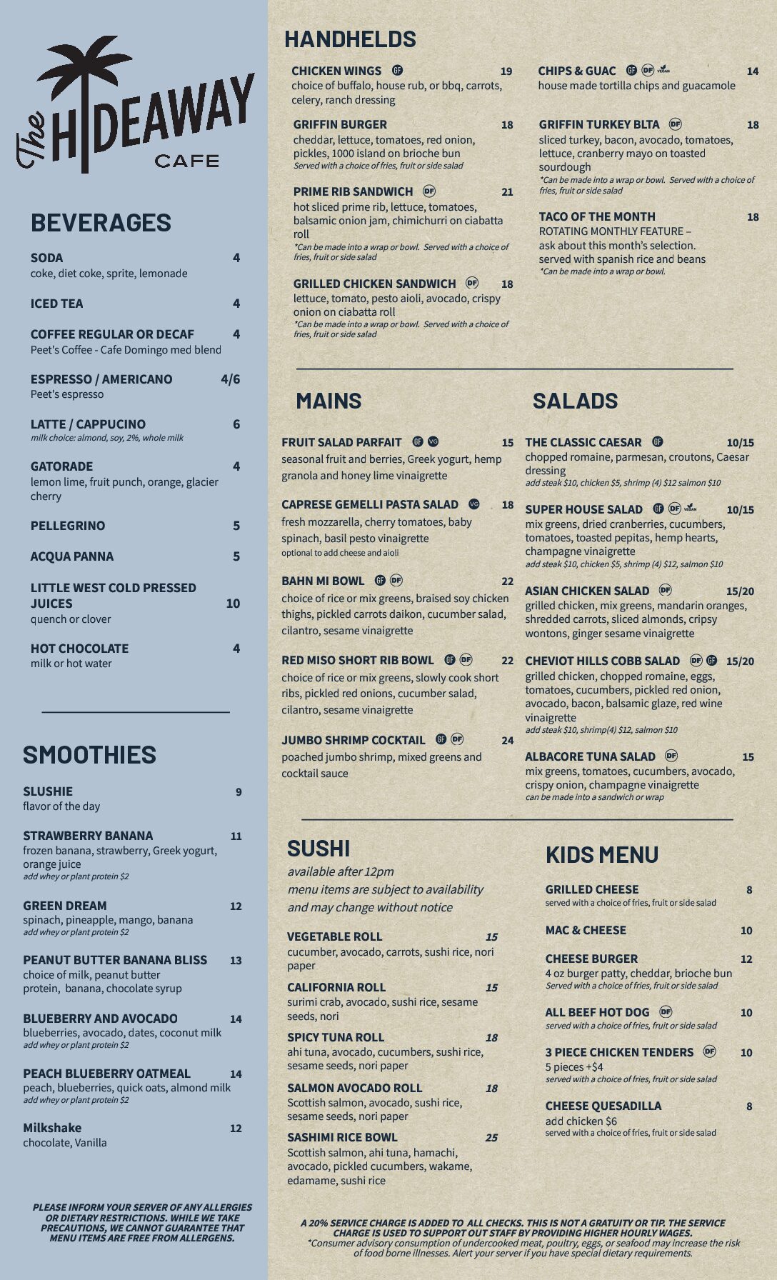 Hideaway Menu 2026 - updated July 2026