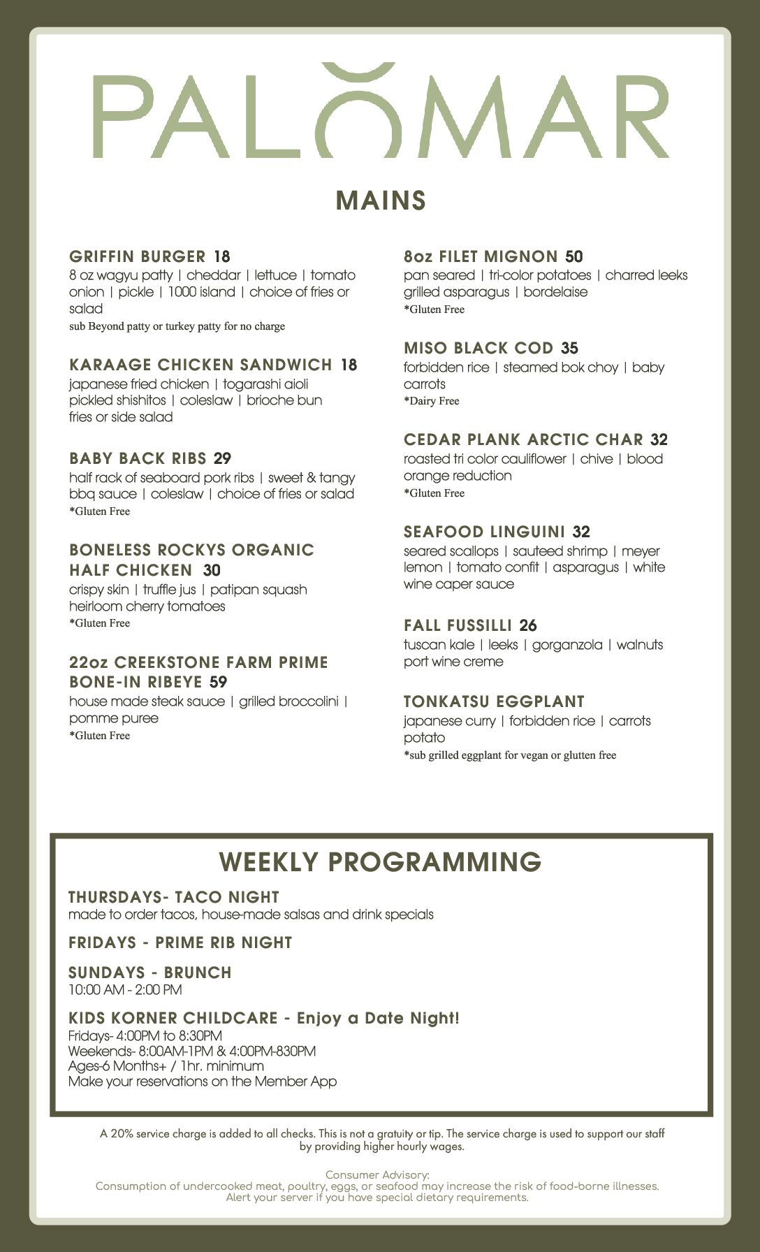 Palomar Fall Dinner Menu '25